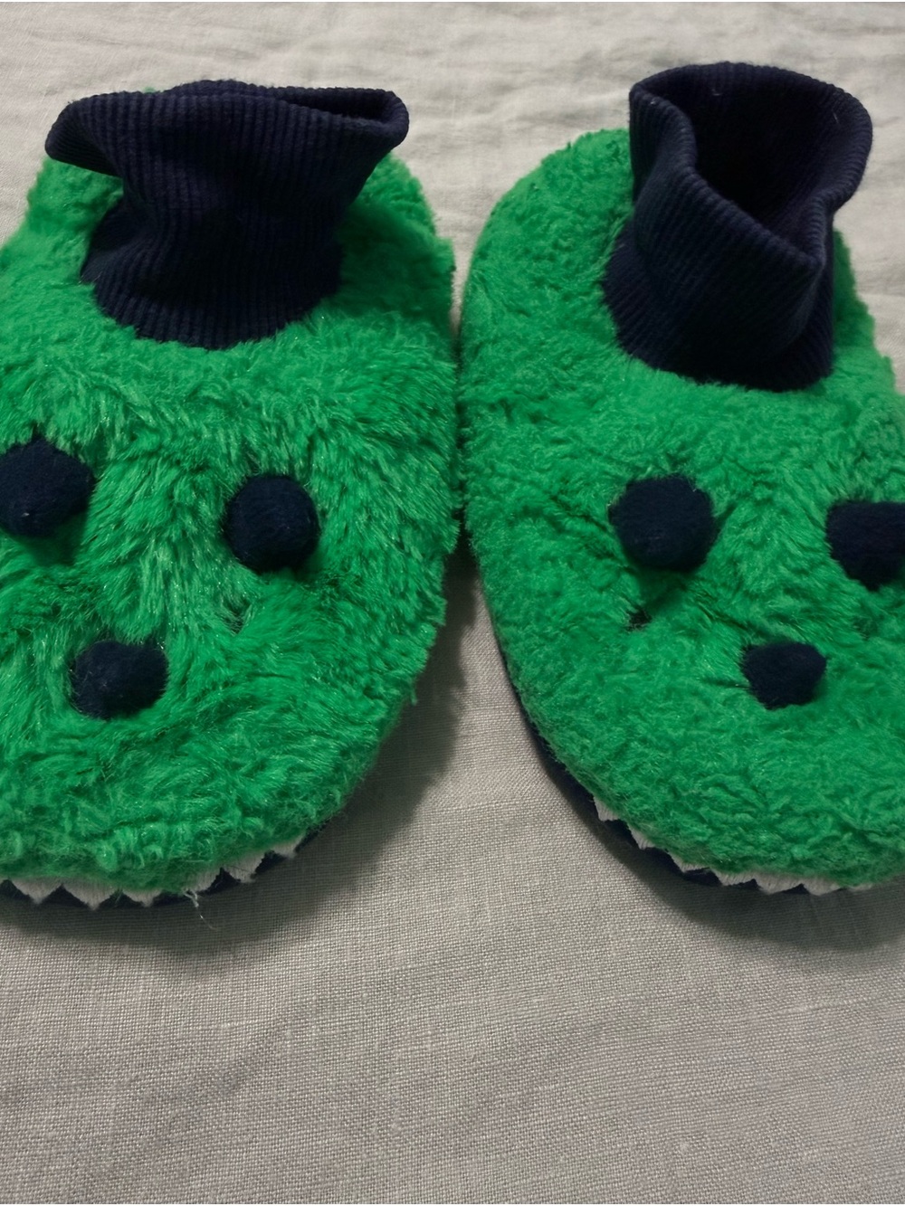 Green Fuzzy Kids Slippers with Navy Accents
